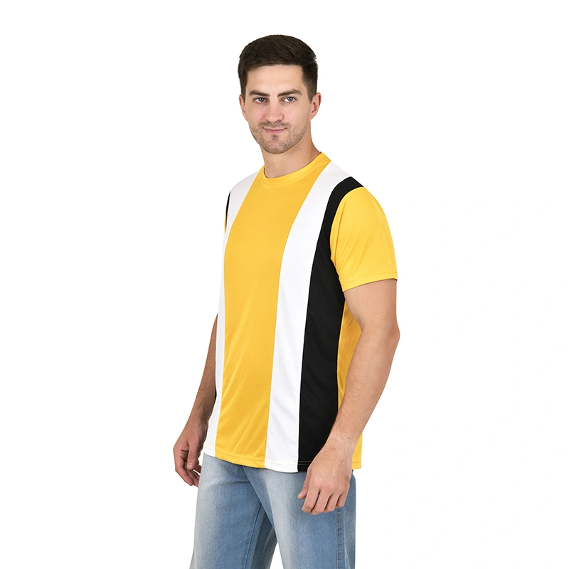 Male model in yellow white and black colorblock panel t-shirt with light blue jeans - menswear ecommerce photography by Lohar Studio Delhi